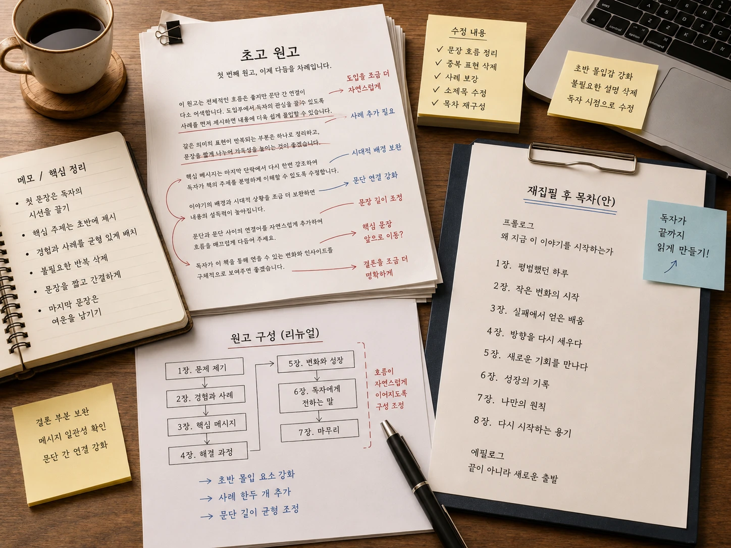 재집필한 자기계발서의 초고와 완성본